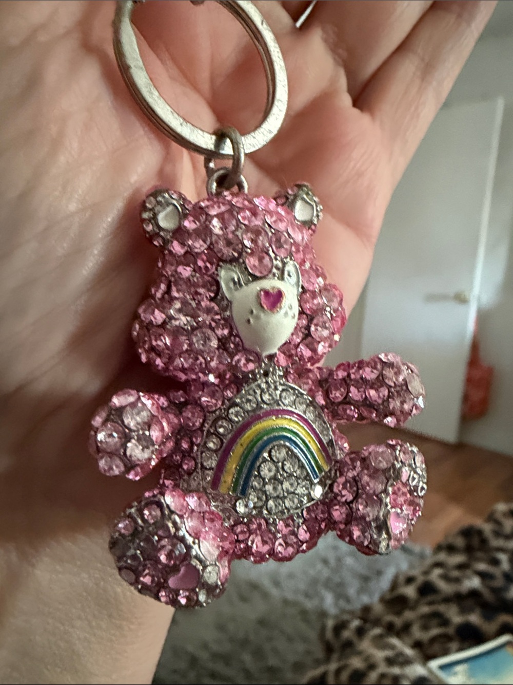 Care Bears Pink Rhinestone Bear Keychain with Rainbow Belly
